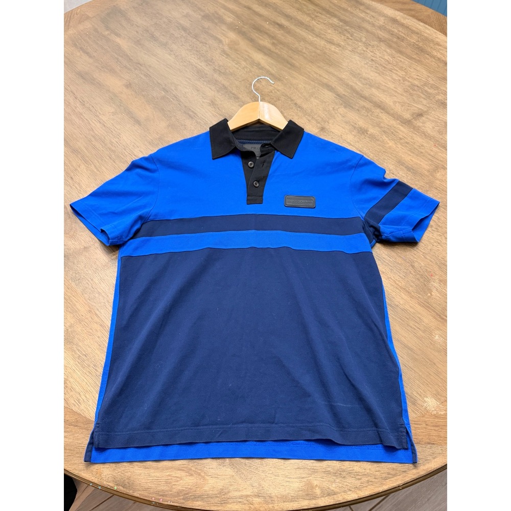 Prada Mens Blue Colorblock Pique Polo Shirt Rubber Logo Patch Made in Romania - Picture 2 of 10